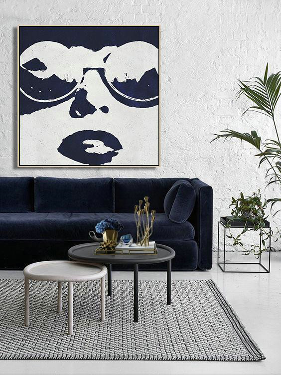 Handmade Large Contemporary Art,Hand Painted Navy Minimalist Painting On Canvas,Modern Canvas Art